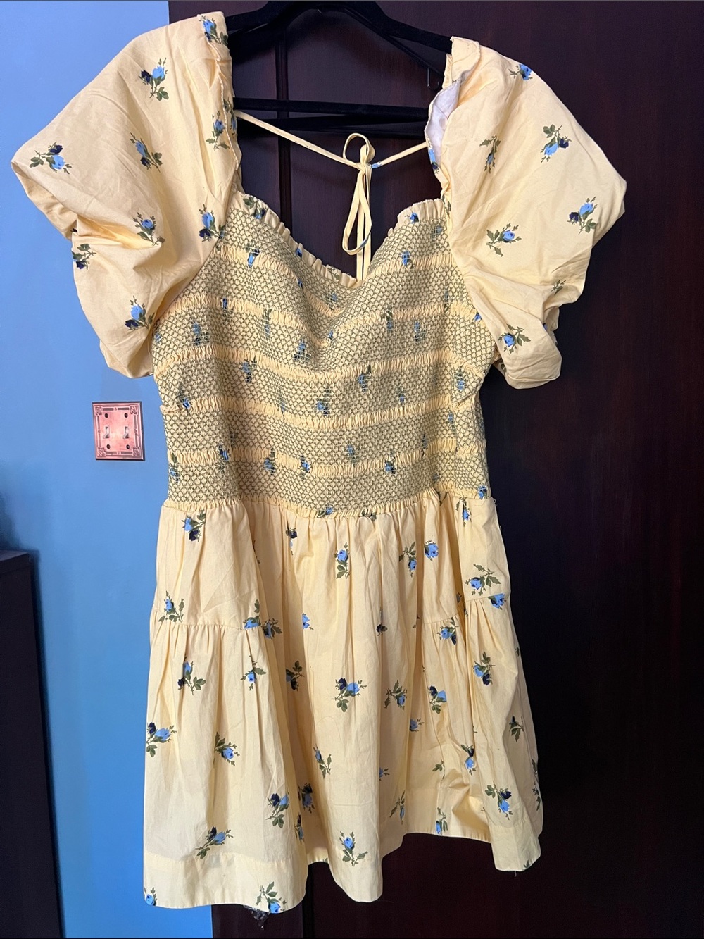 Anthropologie Yellow Floral Mini Dress with Blue Bloom Print